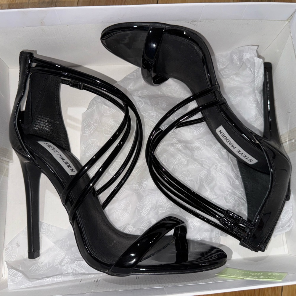 Steve Madden Siren Glossy Black Strappy Heels